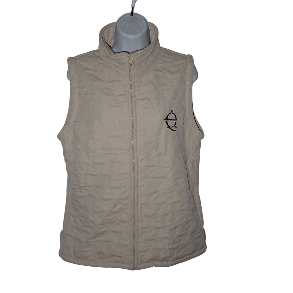 Troxel Quilted fleece Lined Vest Women L Tan‎ Equestrian Logo Zip Preppy